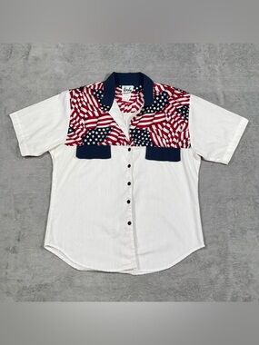 VTG Tapestry USA Flag Button Shirt Womens M Patriotic Western Americana Top Boho